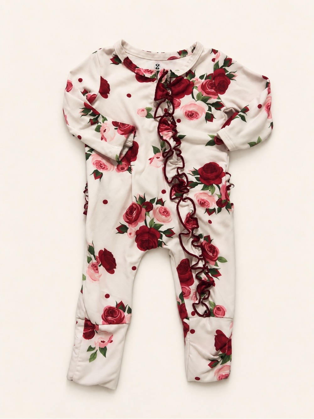Infant Floral Ruffle Footie One-Piece - White with Red & Pink Roses